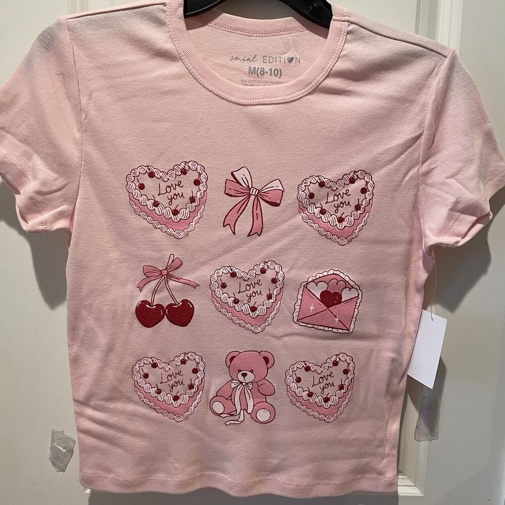 Girls Social Edition Pink Glitter Shirt Medium 8/10 Short Sleeve New with Tags
